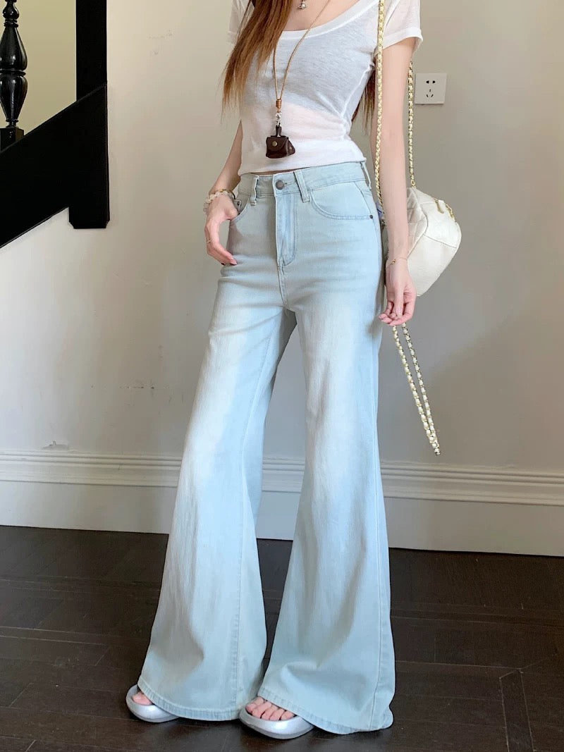 American retro high waist flared pants hot girl jeans horseshoe pants women summer slim all-match straight pants long pants