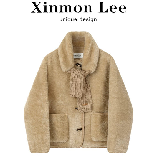 XinmonLee Korean retro khaki winter thick short coat high-grade horn button age-reducing lamb wool women