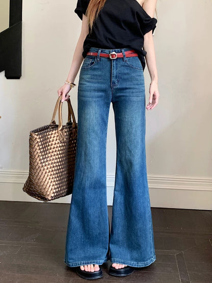 American retro high waist flared pants hot girl jeans horseshoe pants women summer slim all-match straight pants long pants