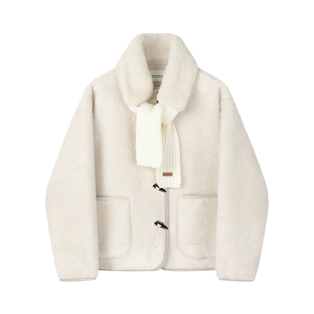 XinmonLee Korean retro khaki winter thick short coat high-grade horn button age-reducing lamb wool women