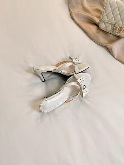 Artisan Encounters French Elegant Sandals for Women, 2026 New Summer Style, Bow-Tie Stiletto Heels, White, Perfect for Matching Skirts
