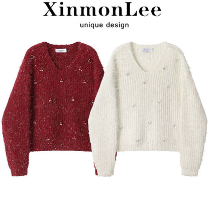 XinmonLee French chic V-neck design knitted Christmas sweater autumn and winter women's super beautiful short tops