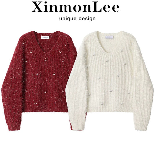 XinmonLee French chic V-neck design knitted Christmas sweater autumn and winter women's super beautiful short tops
