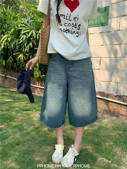PPHOME homemade ~ Island Boy lazy denim mid-length pants high waist wide-leg jeans loose casual cropped pants
