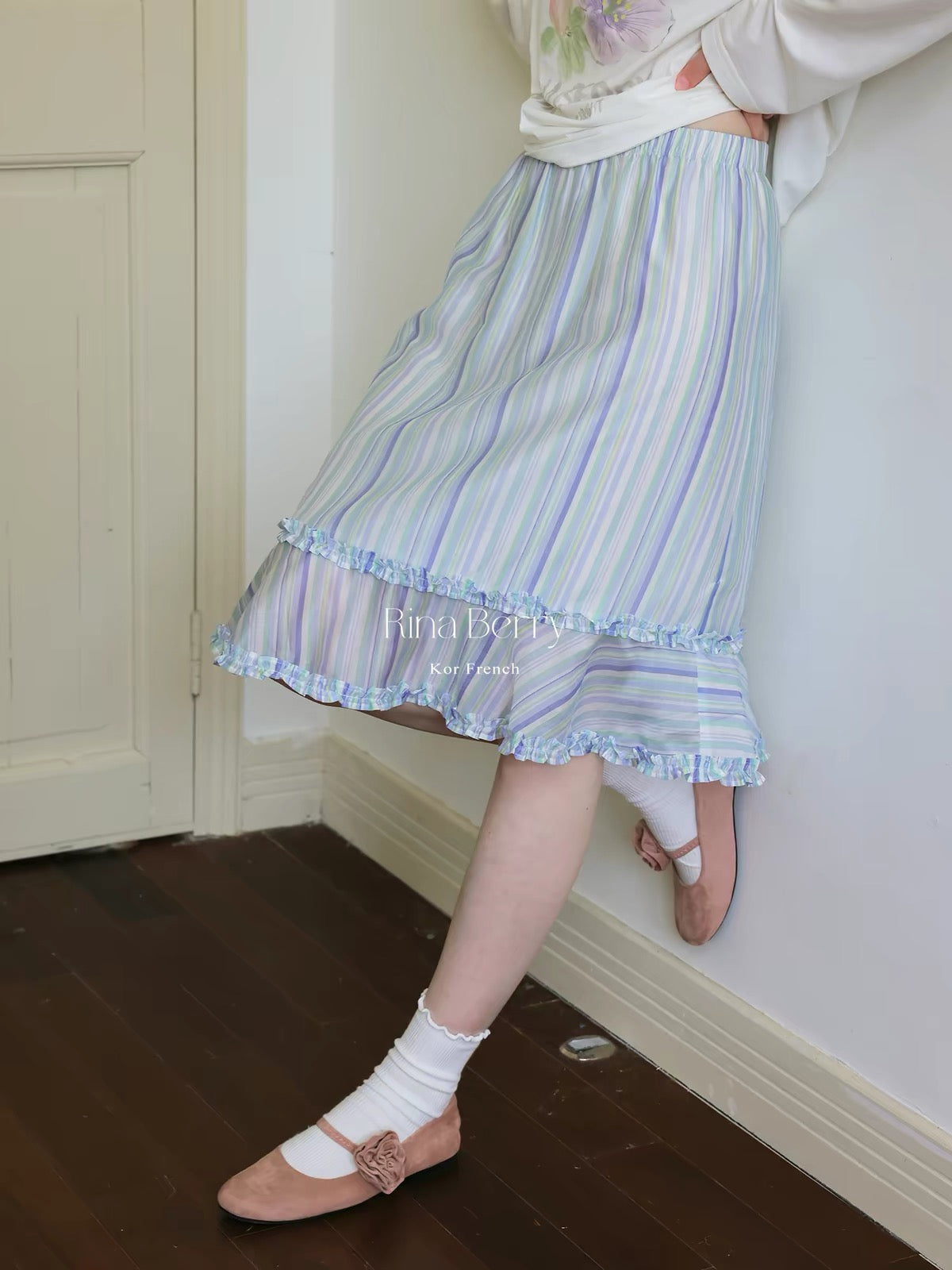 Rina Berry Lyocell Color-Block Striped Skirt – Autumnal Double-Layer Ruffled Asymmetrical Midi Skirt