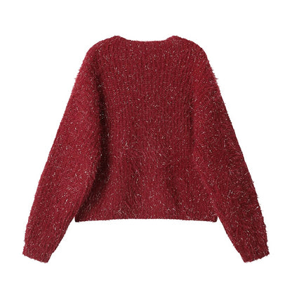 XinmonLee French chic V-neck design knitted Christmas sweater autumn and winter women's super beautiful short tops