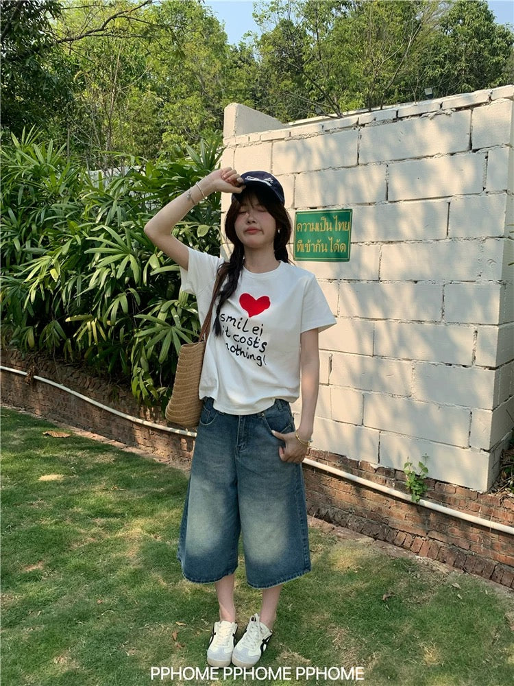 PPHOME homemade ~ Island Boy lazy denim mid-length pants high waist wide-leg jeans loose casual cropped pants