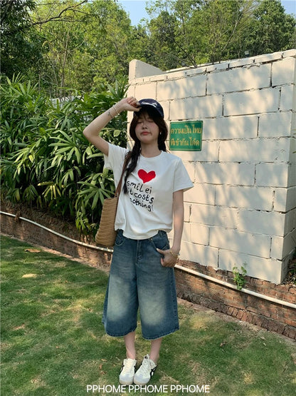 PPHOME homemade ~ Island Boy lazy denim mid-length pants high waist wide-leg jeans loose casual cropped pants