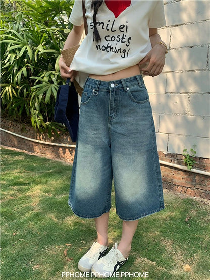PPHOME homemade ~ Island Boy lazy denim mid-length pants high waist wide-leg jeans loose casual cropped pants