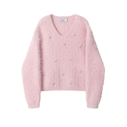 XinmonLee French chic V-neck design knitted Christmas sweater autumn and winter women's super beautiful short tops