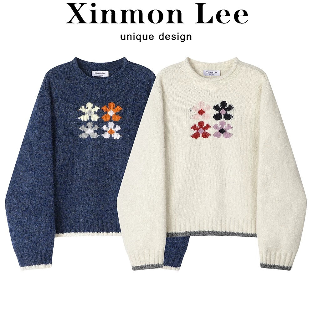 XinmonLee temperament lazy style curled loose temperament soft waxy sweater Korean style contrast color age-reducing versatile top