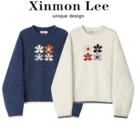 XinmonLee temperament lazy style curled loose temperament soft waxy sweater Korean style contrast color age-reducing versatile top