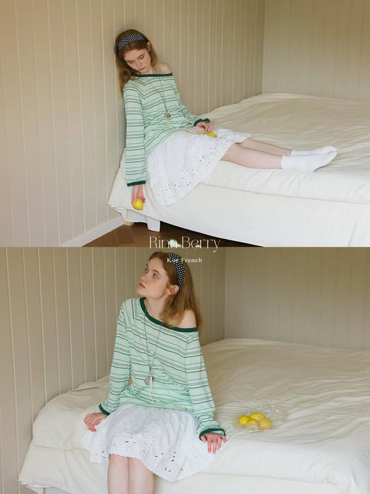 Rina Berry Color-Block Striped Long-Sleeve T-Shirt – A Stylish, Loose-Fit, Slimming Crew-Neck Top for Autumn, Perfect for Daily Wear or Commuting