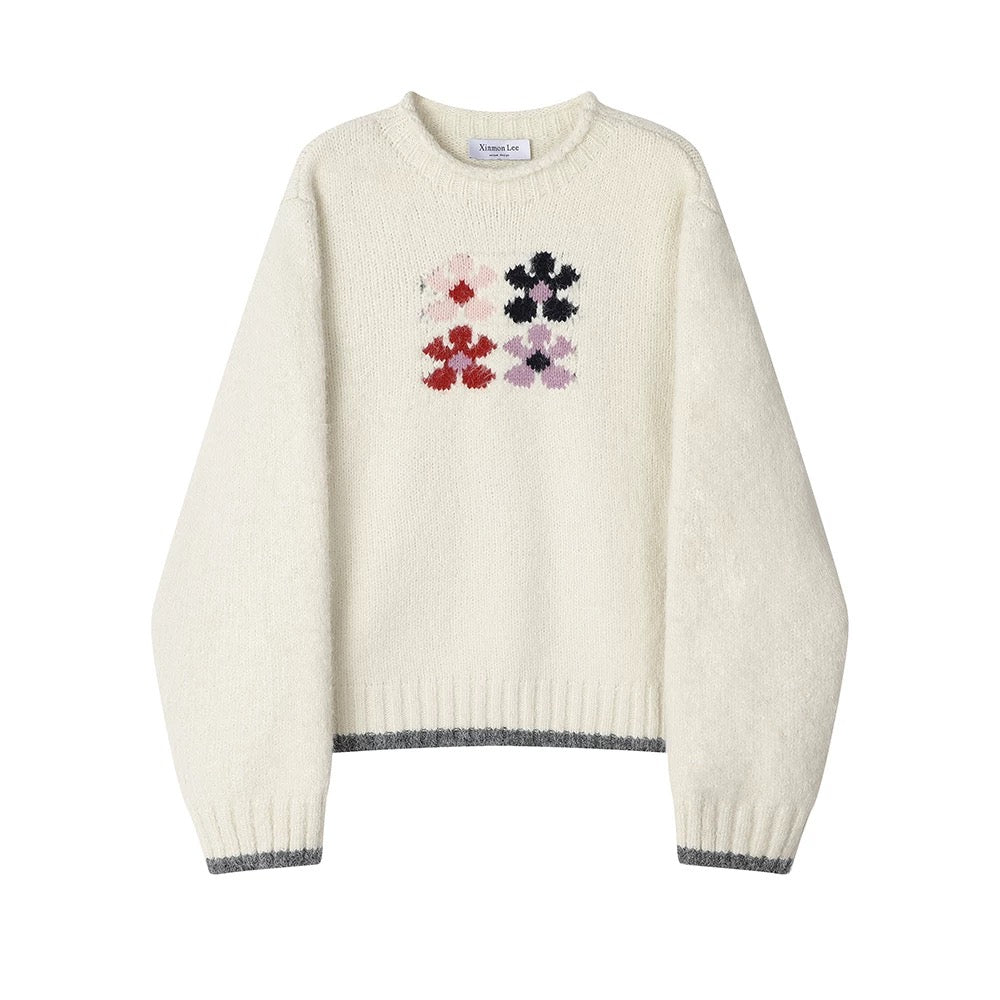XinmonLee temperament lazy style curled loose temperament soft waxy sweater Korean style contrast color age-reducing versatile top