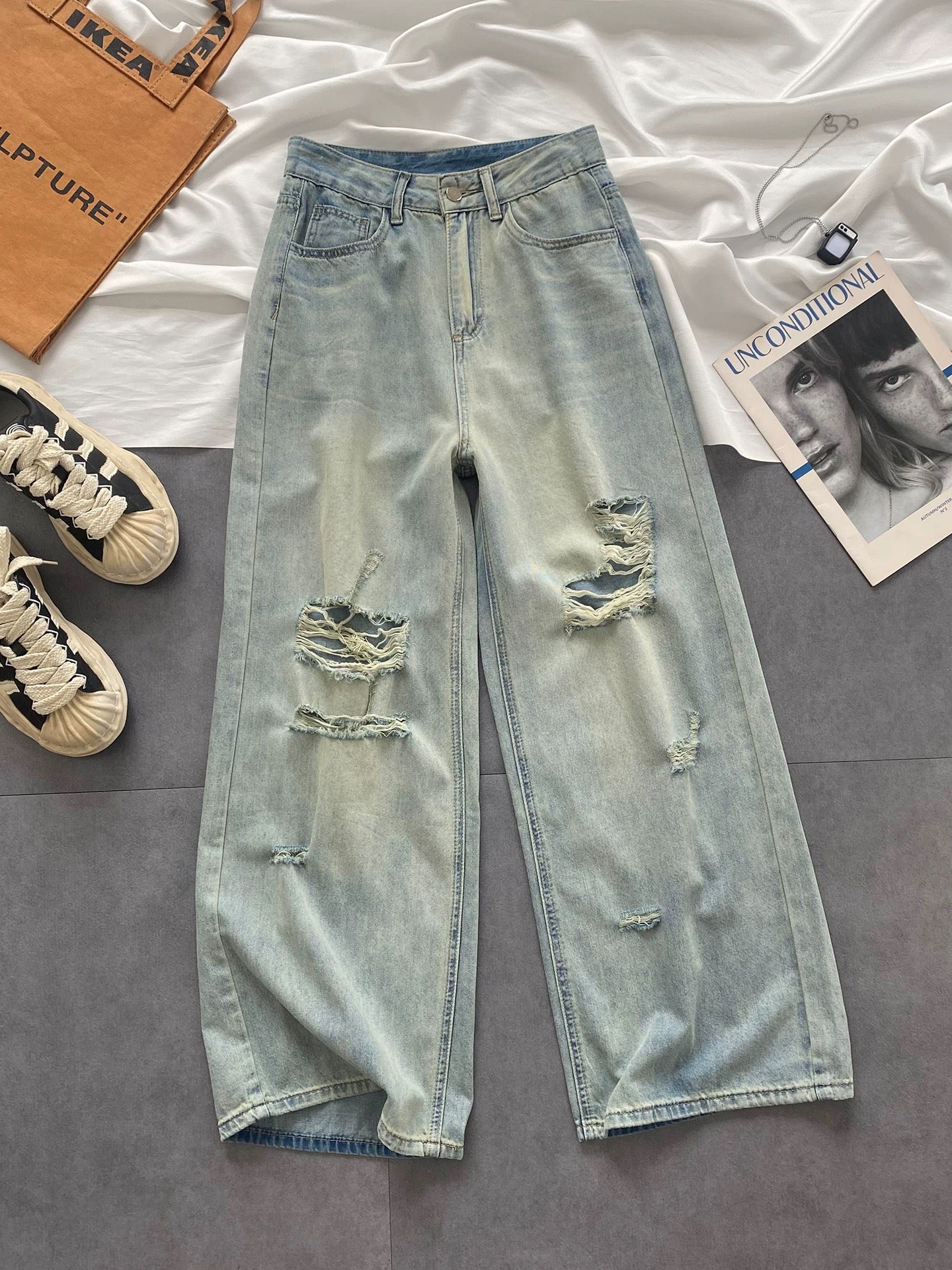 145 small size ripped jeans women summer thin 2025 high waist slim loose straight wide leg pants women