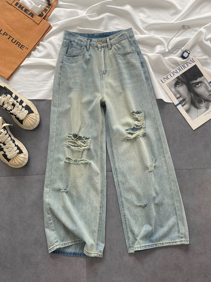 145 small size ripped jeans women summer thin 2025 high waist slim loose straight wide leg pants women