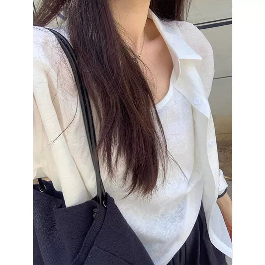 Korean style white thin sunscreen long-sleeved shirt women's summer new loose lazy style shirt casual jacket top