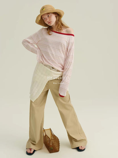 Rina Berry Color-Block Striped Long-Sleeve T-Shirt – A Stylish, Loose-Fit, Slimming Crew-Neck Top for Autumn, Perfect for Daily Wear or Commuting