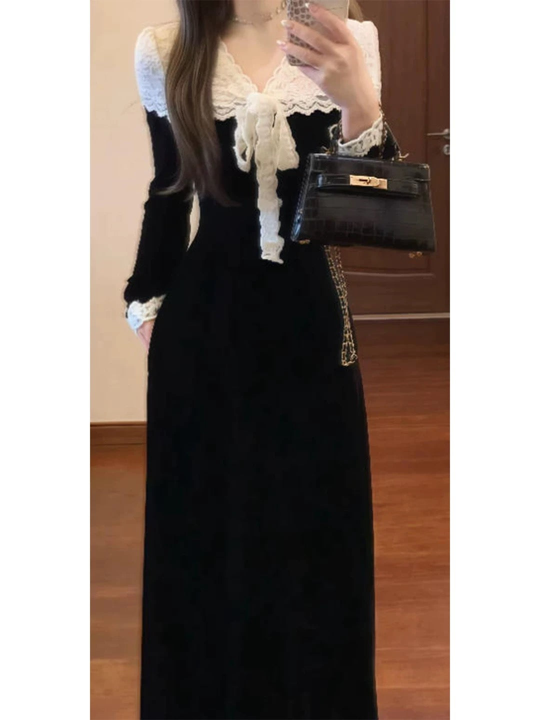 French retro lace-trimmed long-sleeved dress, 2025 autumn style, sophisticated and elegant, A-line long skirt with a cinched waist.