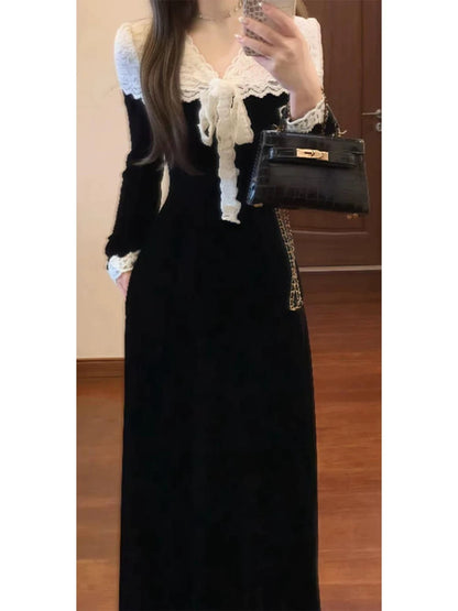 French retro lace-trimmed long-sleeved dress, 2025 autumn style, sophisticated and elegant, A-line long skirt with a cinched waist.