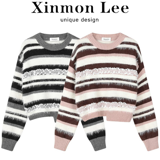 XinmonLee Korean sweet design splicing lace round neck contrast color sweater irregular slim short inner wear