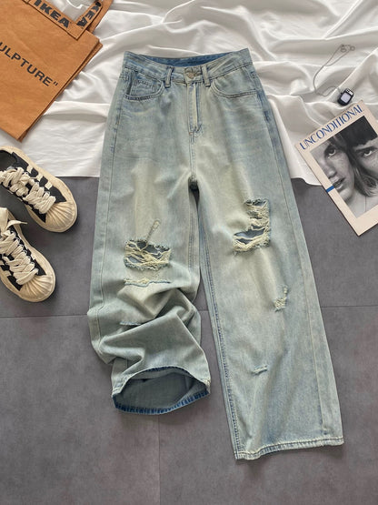 145 small size ripped jeans women summer thin 2025 high waist slim loose straight wide leg pants women