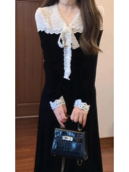 French retro lace-trimmed long-sleeved dress, 2025 autumn style, sophisticated and elegant, A-line long skirt with a cinched waist.