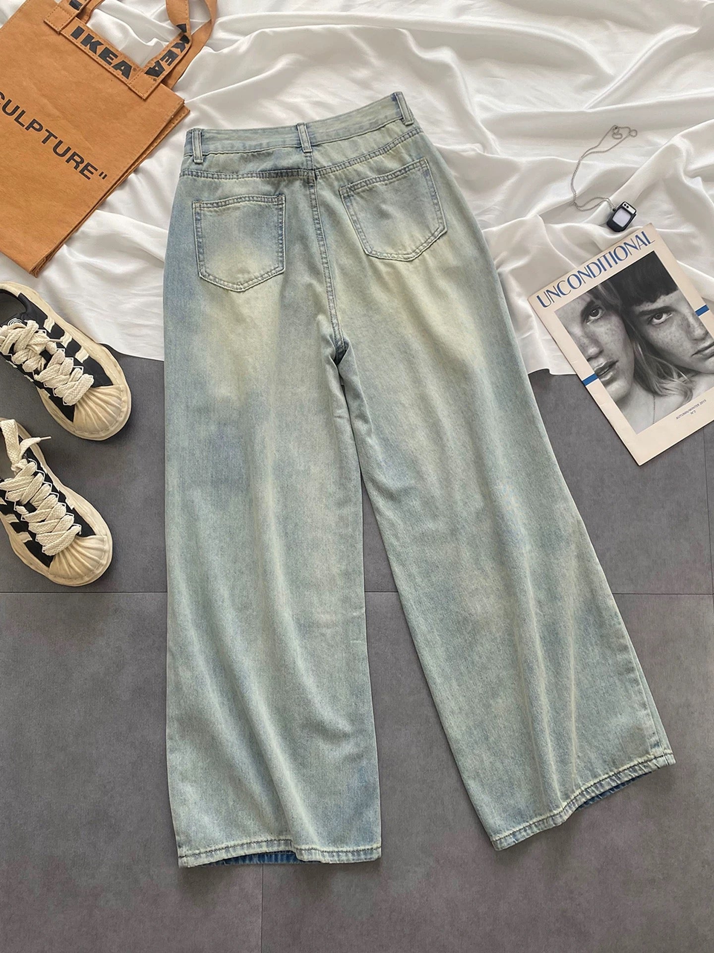 145 small size ripped jeans women summer thin 2025 high waist slim loose straight wide leg pants women