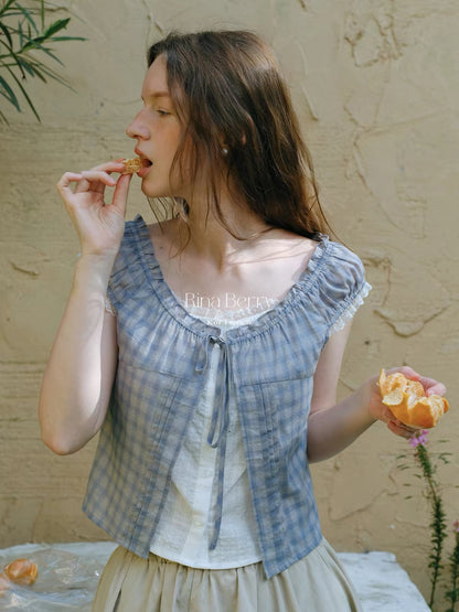Rina Berry Faux-Layered Tie-Front Chiffon Blouse with Flutter Sleeves – French-Style Plaid Top with Slit Detail for Autumn