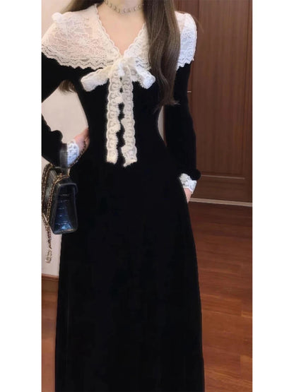 French retro lace-trimmed long-sleeved dress, 2025 autumn style, sophisticated and elegant, A-line long skirt with a cinched waist.