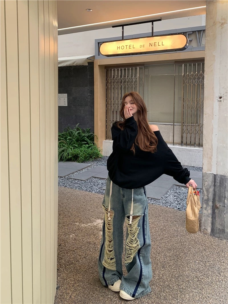 Kumikumi American retro ripped jeans wide-leg pants women's summer design loose straight pants mopping pants