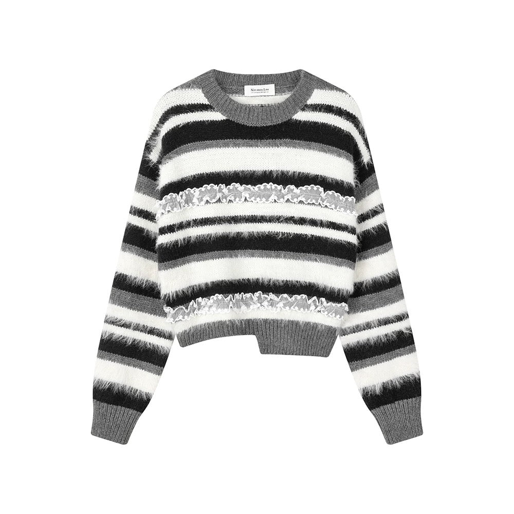 XinmonLee Korean sweet design splicing lace round neck contrast color sweater irregular slim short inner wear