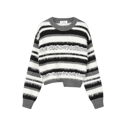 XinmonLee Korean sweet design splicing lace round neck contrast color sweater irregular slim short inner wear