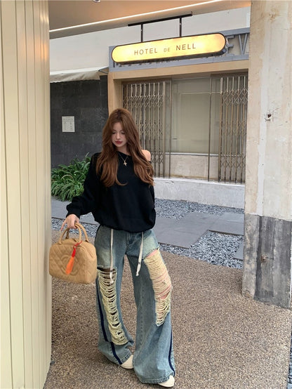 Kumikumi American retro ripped jeans wide-leg pants women's summer design loose straight pants mopping pants