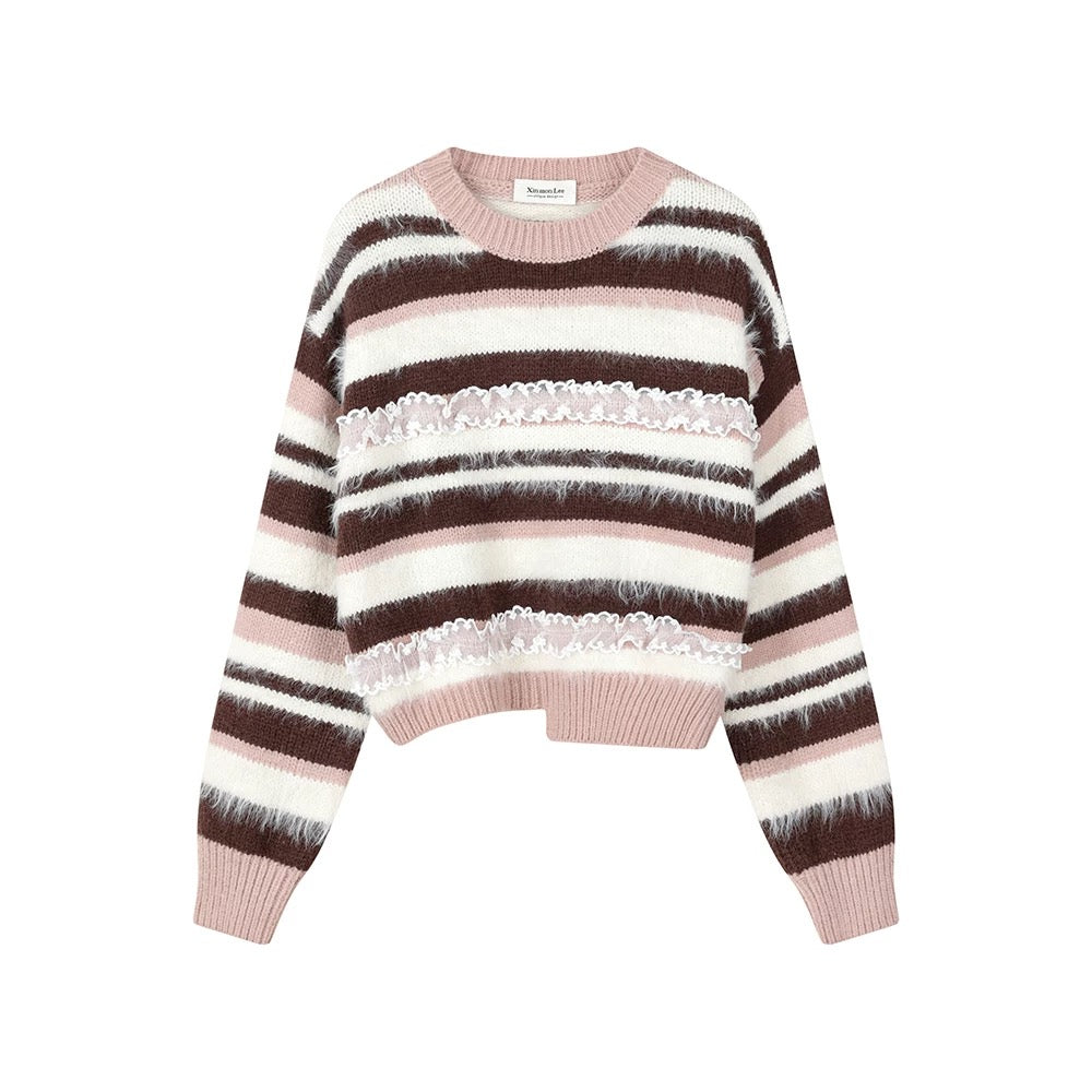 XinmonLee Korean sweet design splicing lace round neck contrast color sweater irregular slim short inner wear