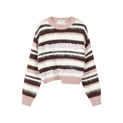 XinmonLee Korean sweet design splicing lace round neck contrast color sweater irregular slim short inner wear