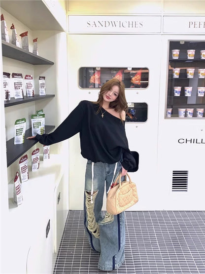 Kumikumi American retro ripped jeans wide-leg pants women's summer design loose straight pants mopping pants