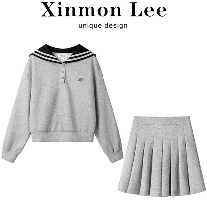 XinmonLee college style contrast striped navy collar sweatshirt retro two-piece high waist pleated skirt spring