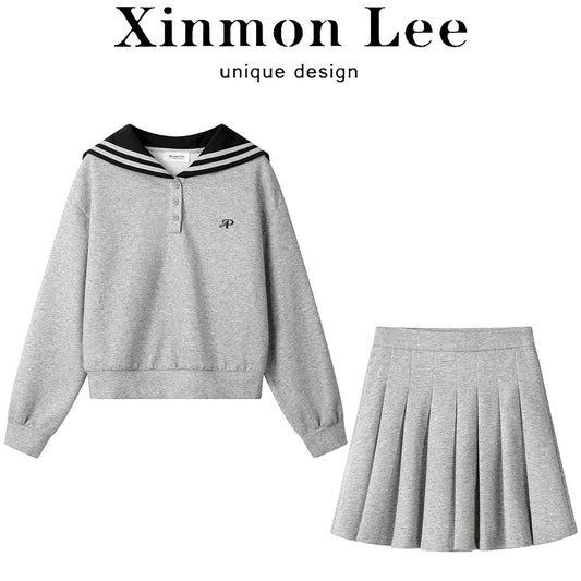 XinmonLee college style contrast striped navy collar sweatshirt retro two-piece high waist pleated skirt spring