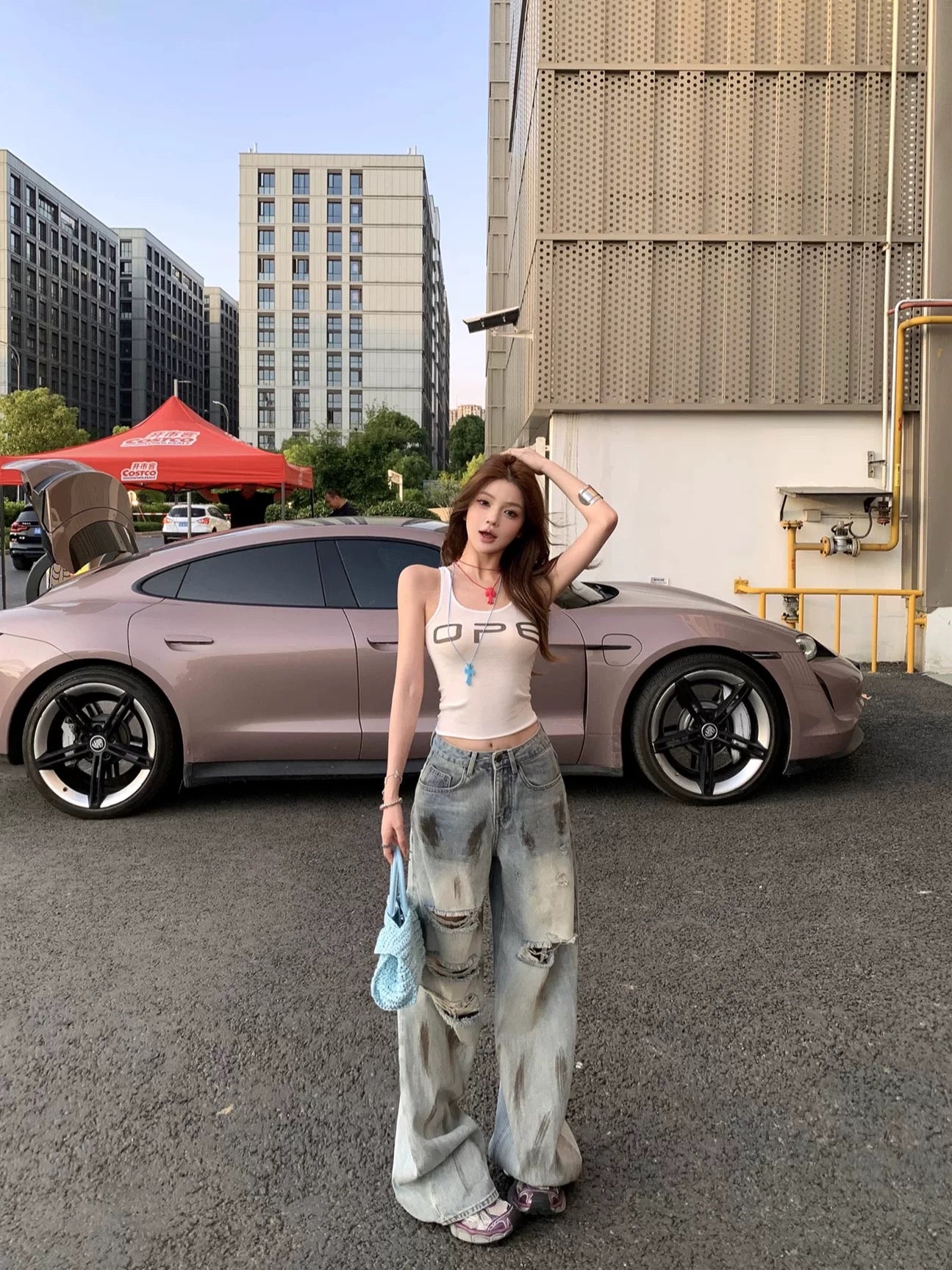 Kumikumi fashion suit letter print camisole for women summer slimming ripped denim trousers two-piece suit