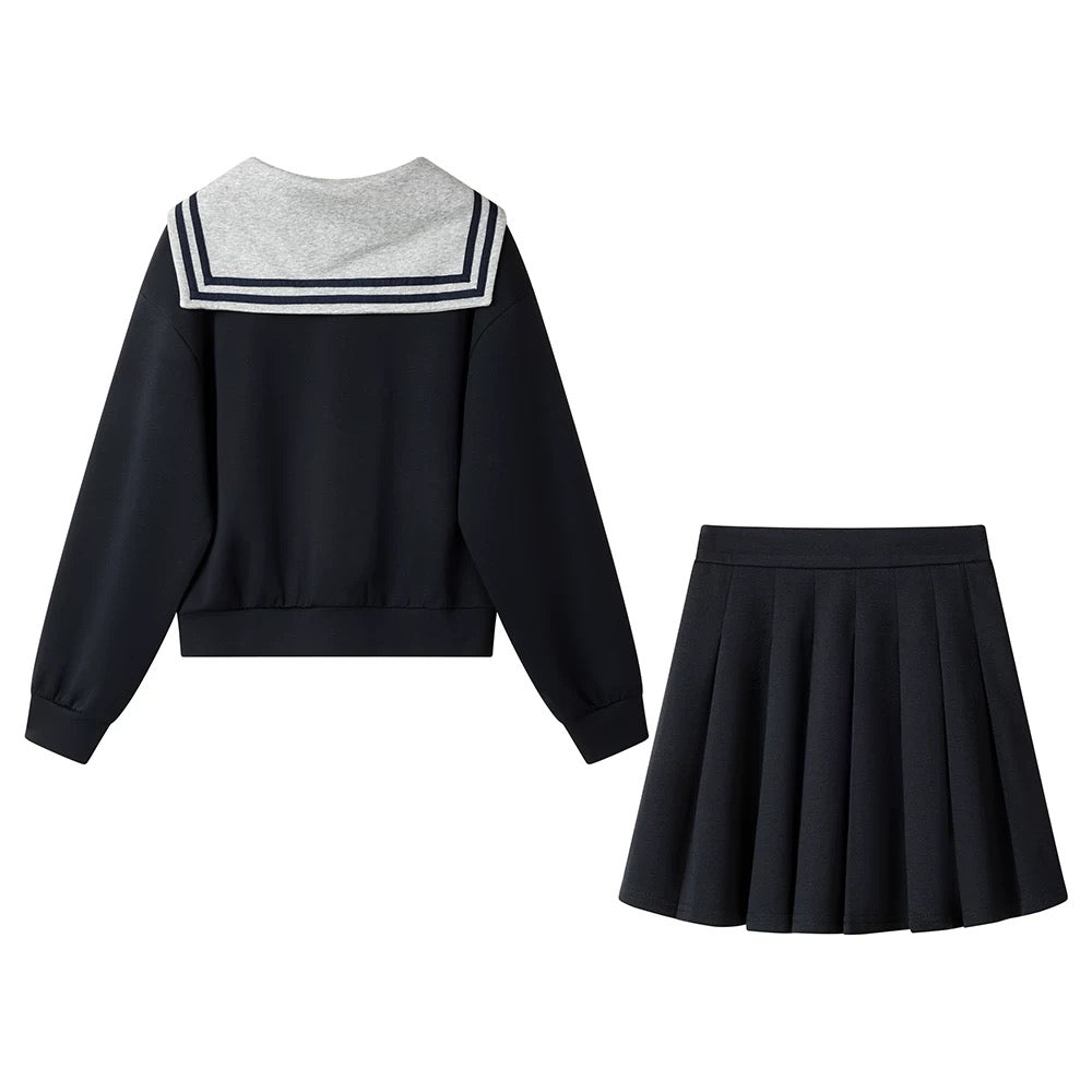 XinmonLee college style contrast striped navy collar sweatshirt retro two-piece high waist pleated skirt spring