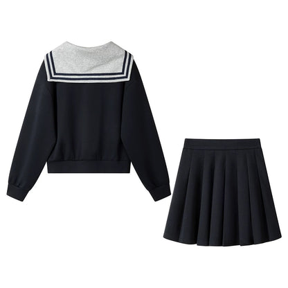 XinmonLee college style contrast striped navy collar sweatshirt retro two-piece high waist pleated skirt spring