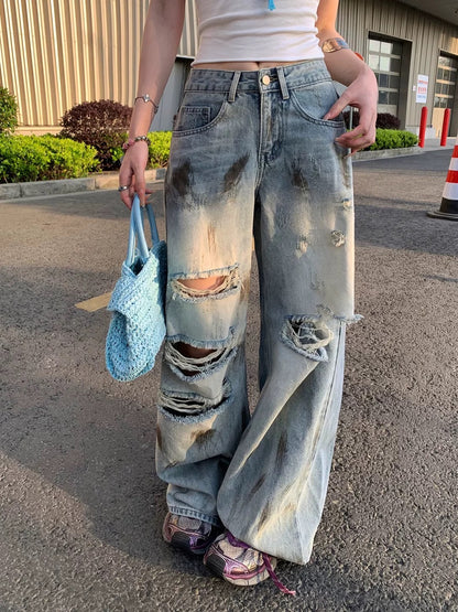 Kumikumi fashion suit letter print camisole for women summer slimming ripped denim trousers two-piece suit