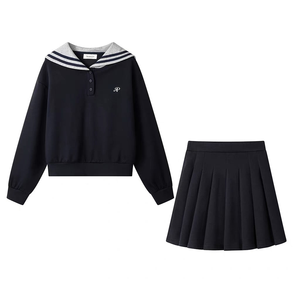 XinmonLee college style contrast striped navy collar sweatshirt retro two-piece high waist pleated skirt spring