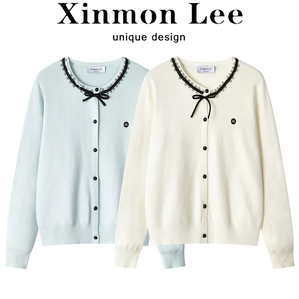 XinmonLee Western-style French-style small fragrance style knitted sweater design sequin Korean sweet age-reducing spring and autumn cardigan