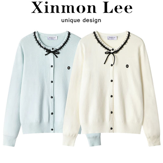 XinmonLee Western-style French-style small fragrance style knitted sweater design sequin Korean sweet age-reducing spring and autumn cardigan