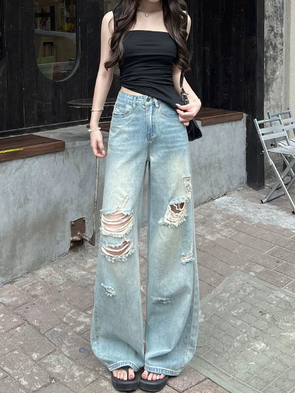Light blue summer thin style hot diamond hole high waist straight jeans versatile loose washed distressed wide leg mopping pants