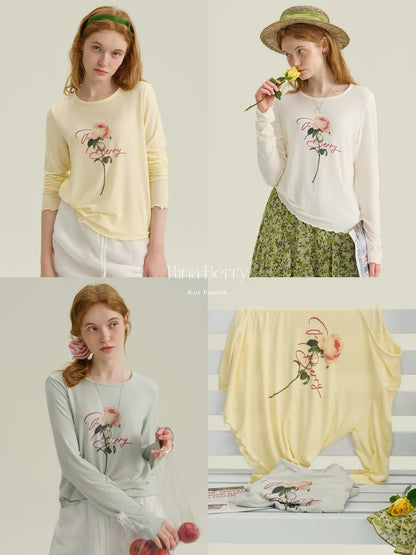 Rina Berry Vintage Rose-Print Long-Sleeve T-Shirt – Autumn Slim-Fit Base Layer with Lettuce-Edge Crew Neck