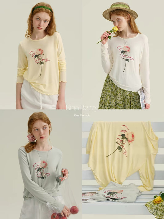 Rina Berry Vintage Rose-Print Long-Sleeve T-Shirt – Autumn Slim-Fit Base Layer with Lettuce-Edge Crew Neck