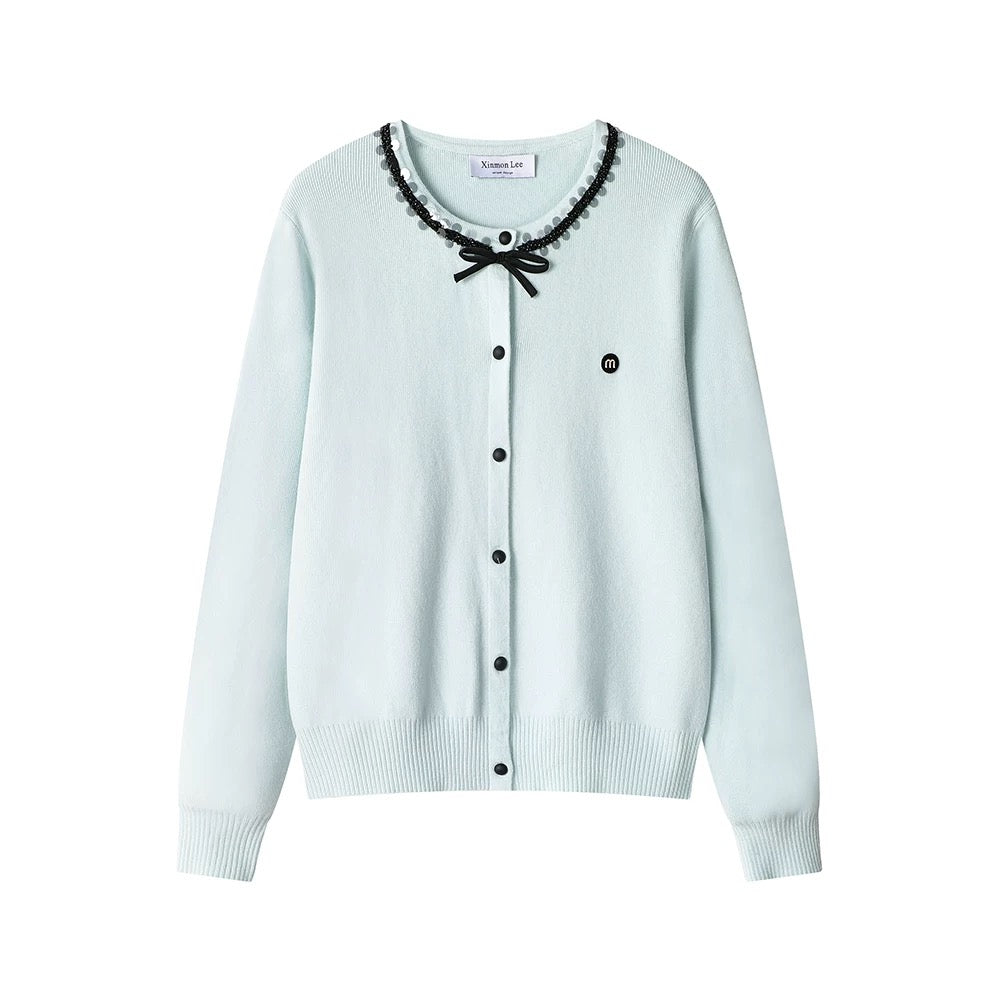XinmonLee Western-style French-style small fragrance style knitted sweater design sequin Korean sweet age-reducing spring and autumn cardigan